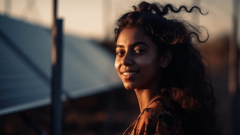 A smiling woman in front of solar panels outdoors