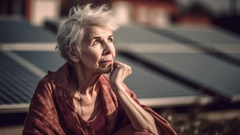woman sitting on roof in front of solar panels