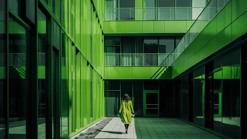 Woman in green coat walking towards green building