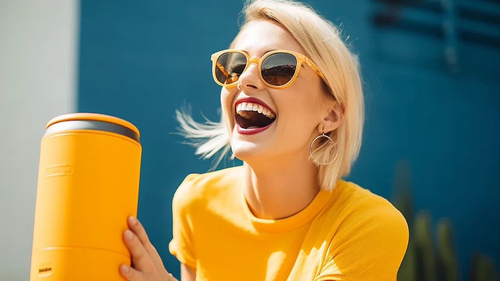 A woman holding a solar music speaker and laughing. 