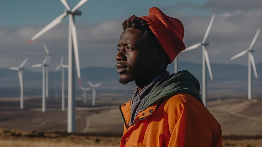 Man in orange jacket standing in front of wind mills