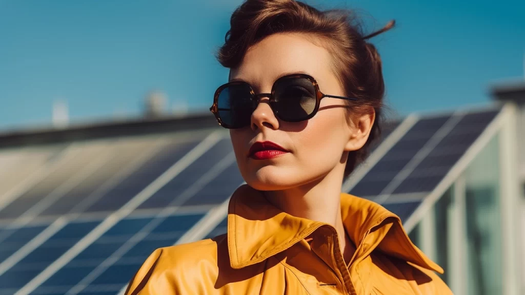 Woman in yellow coat with solar panels in the background