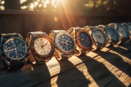 Different solar watches lying on a table in the sunshine