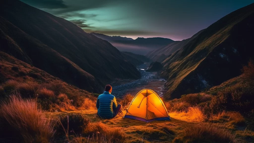 Lonely camper in blue jacket sitting next to orange tent enjoying the view