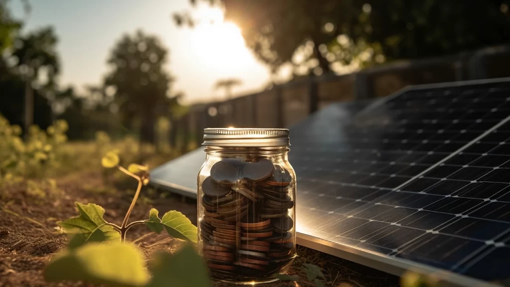 Coins in a jar next to solar panels on the ground