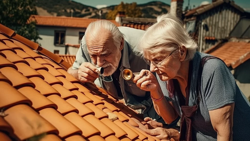 Elderly couple checking their roof on a sunny day