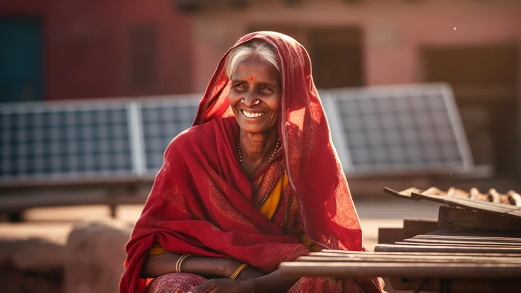 Elderly woman sitting happily infront of solar panels