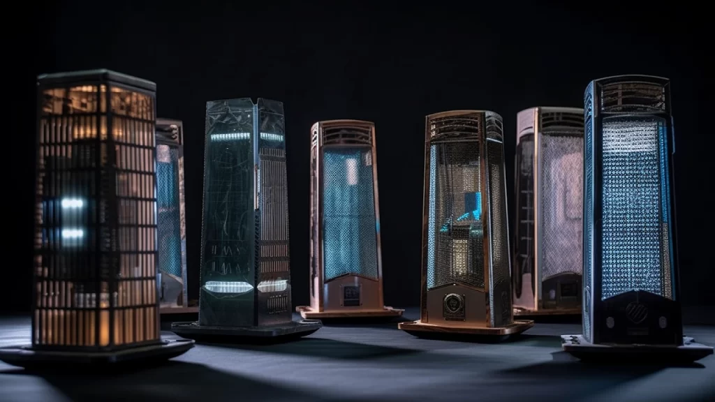 Seven futuristic solar lanterns lined up