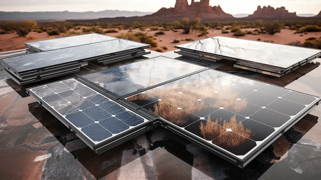 Futuristic solar panels on a roof of a house in the desert