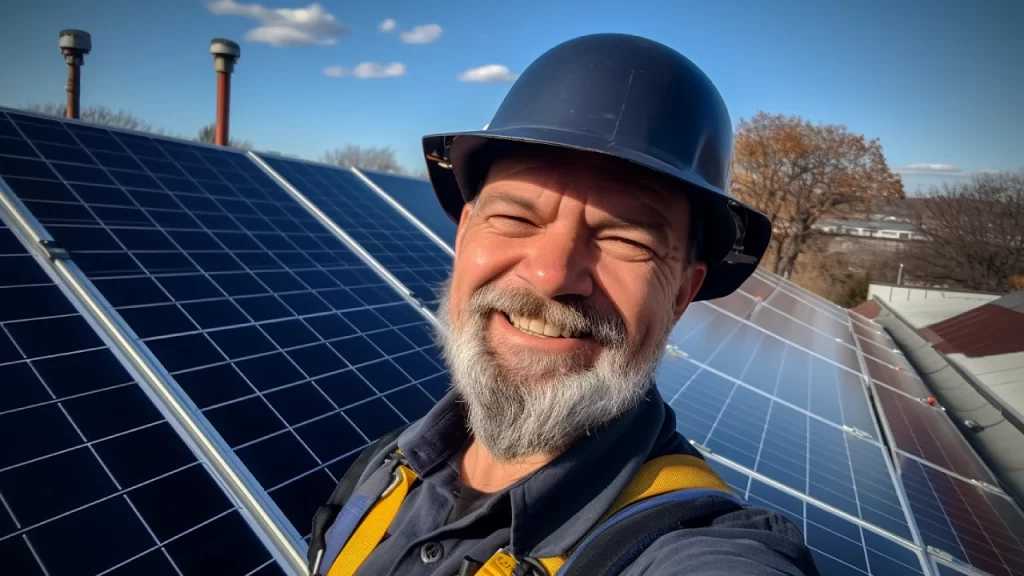 Happy man with helmet installing solar panels on a roof