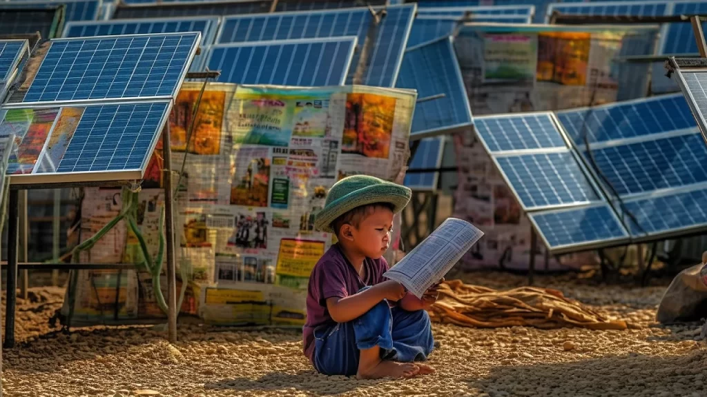 Little boy with hat reading the newspaper inf front of solar panels