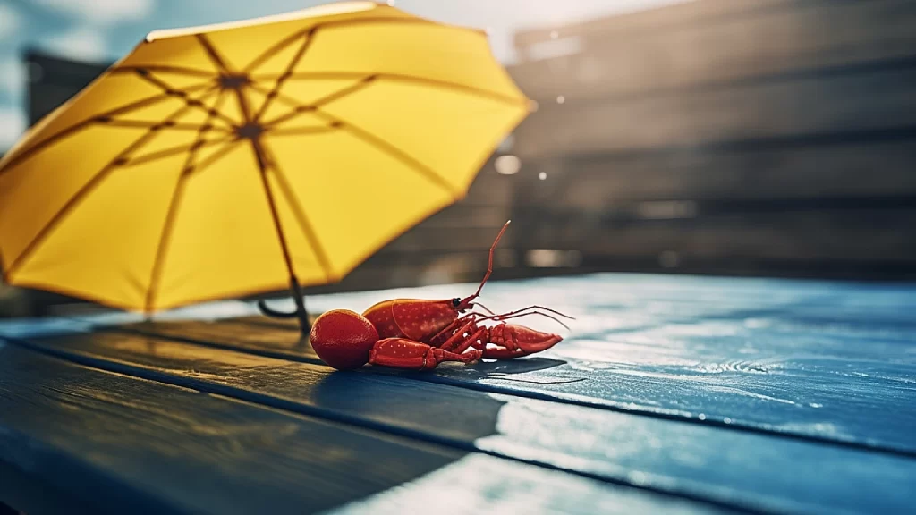 Little red lobster lying in the sun with a yellow umbrella