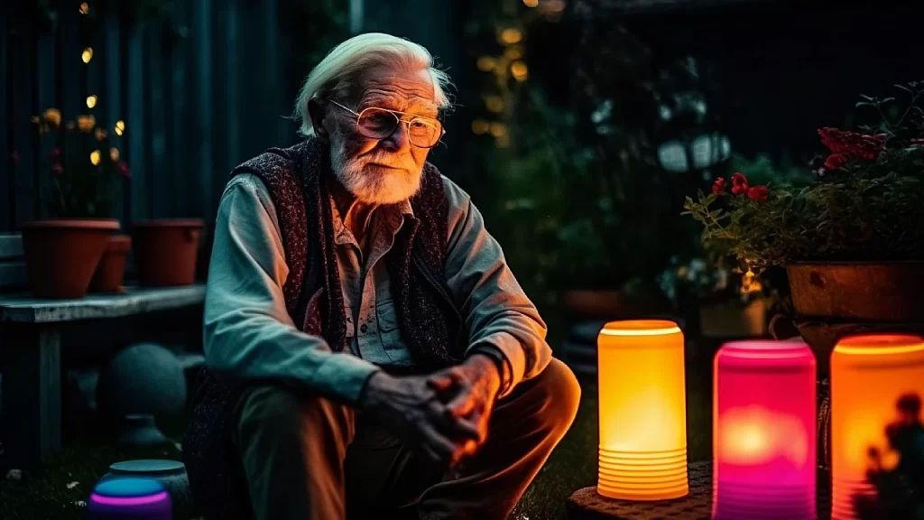 An old man sitting in the garden admiring solar lanterns