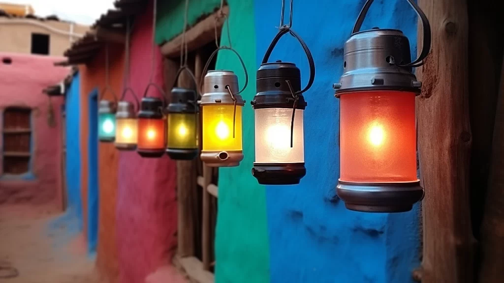 Solar lanterns hanging in front of colourful walls