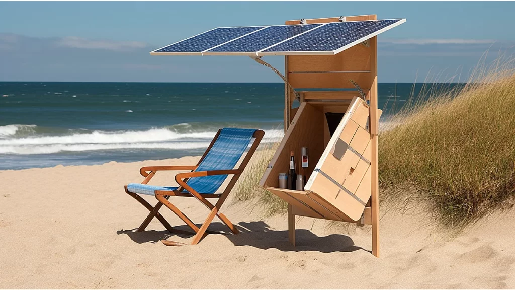 A sunbed under a solar roof at the beach