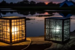 Two solar lanterns on a bench at dawn in front of lake