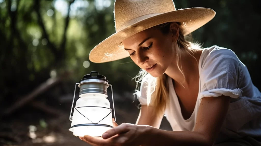 Woman with summer hat cleaning a solar lantern