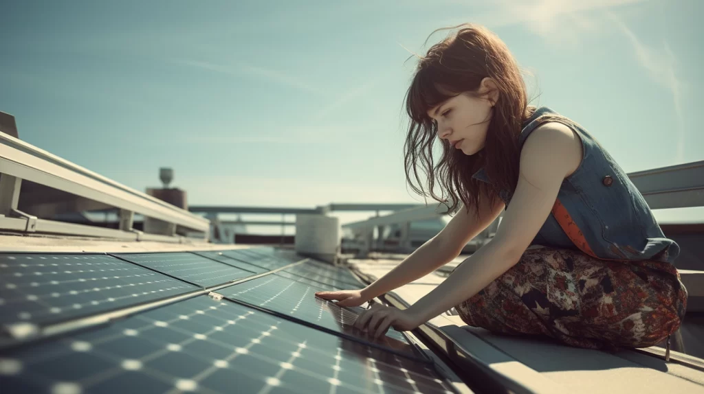 Young woman on a roof tip doing a solar power installation