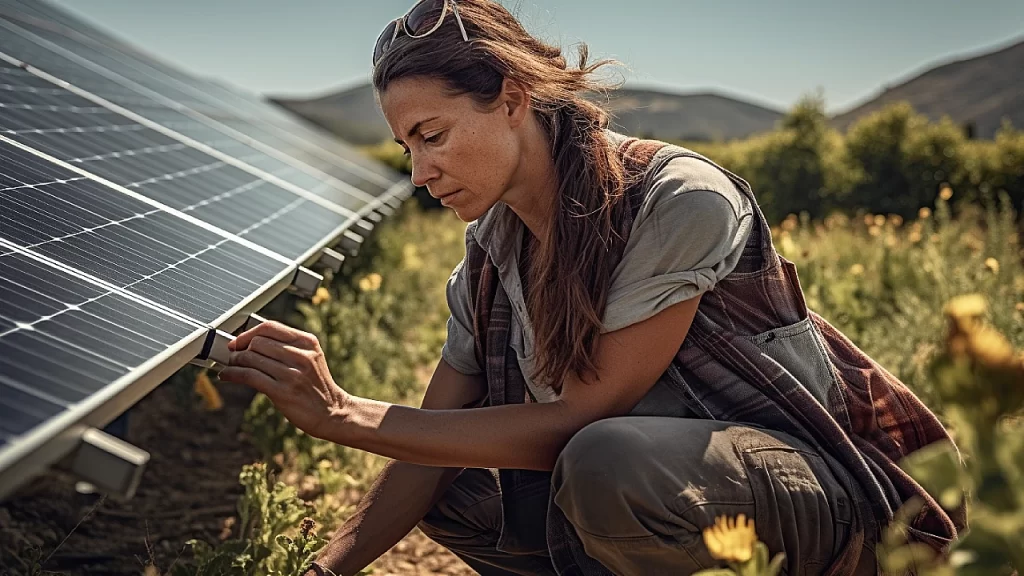 Woman in vest maintaining solar panels in a field