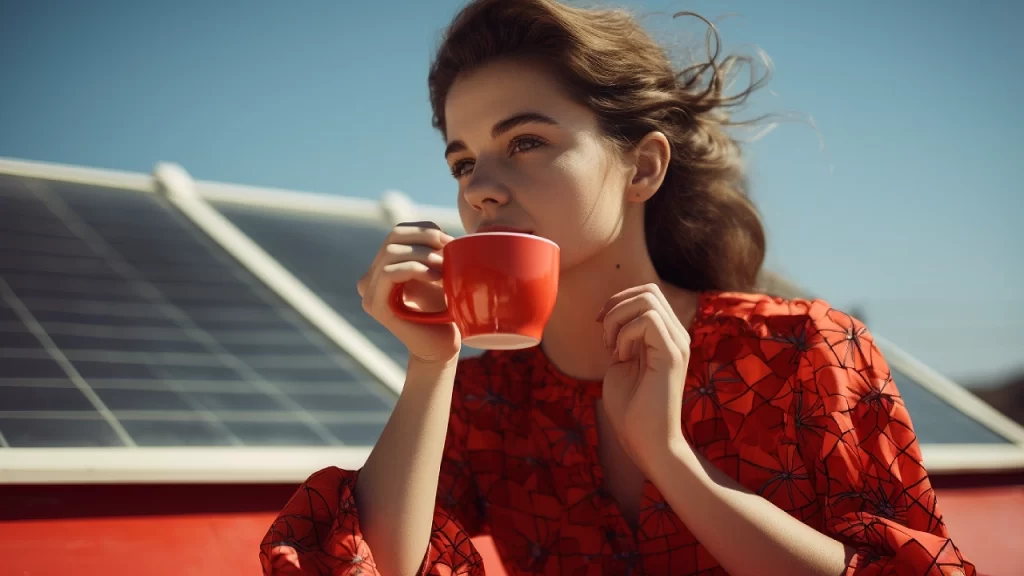 Woman sitting on a red roof