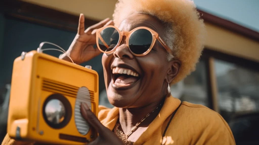 Woman with yellow glasses and yellow hair holding yellow solar speakers