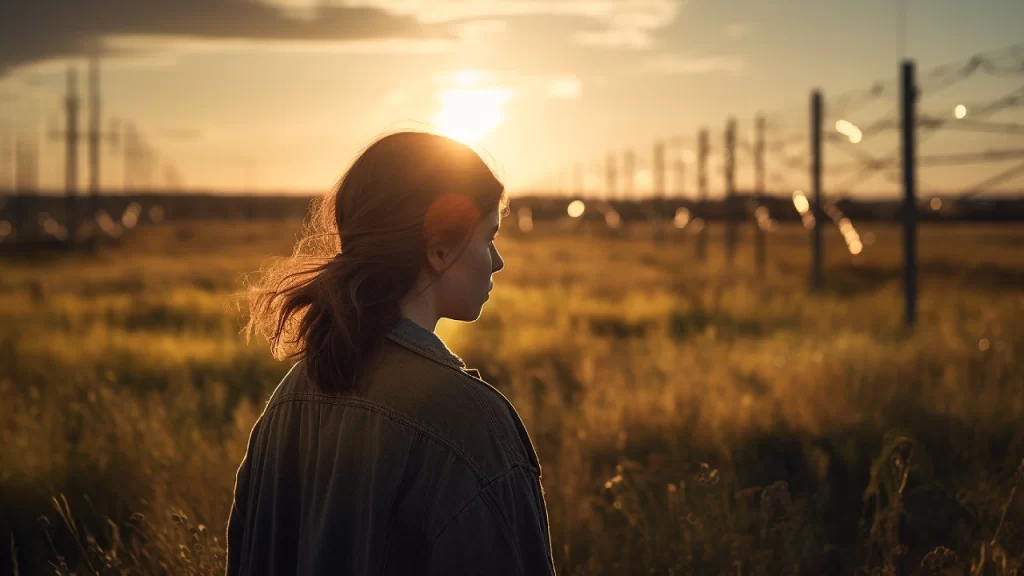 A young woman is looking at power grids while sunset