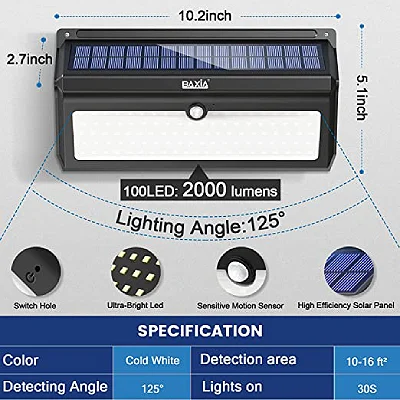 BAXIA TECHNOLOGY Solar Lights Outdoor Waterproof 100 LED Wireless Security