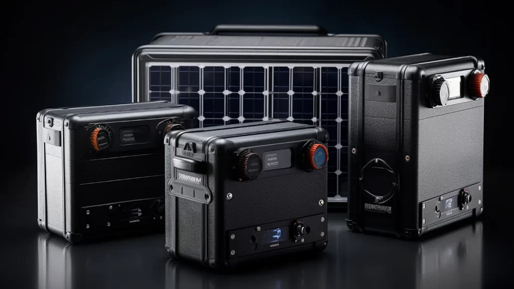 Black solar battery banks on black background