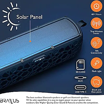 Braxus Solar Portable Bluetooth Speaker | Waterproof Speaker IPX6 | Bluetooth Golf Cart Speakers | TWS