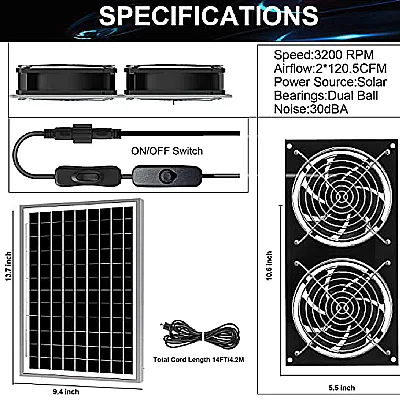 KHKVOCALIST Solar Fan-Solar Powered Fan-Solar Fan for shed- Solar Fan for greenhouse, 15W Solar Panel + 2 Pcs High Speed DC Brushless Fan, for Chicken Coop,Dog House, DIY Cooling Ventilation Project