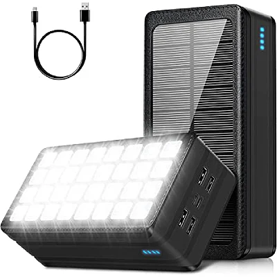 Solar Charger Power Bank, 60000mAh Portable Charger Compatible with iPhone, Cell Phone, 32 LEDs External Battery Pack for Outdoor Camping, Home Emergency, 4 Output& 2 Input Ports (Black)