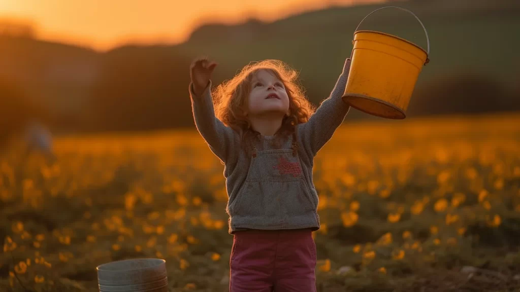 Little girl in a field catching sun beams with a yellow bucket