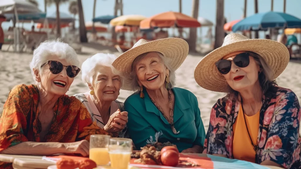 Group of elderly women eating steak on the beach