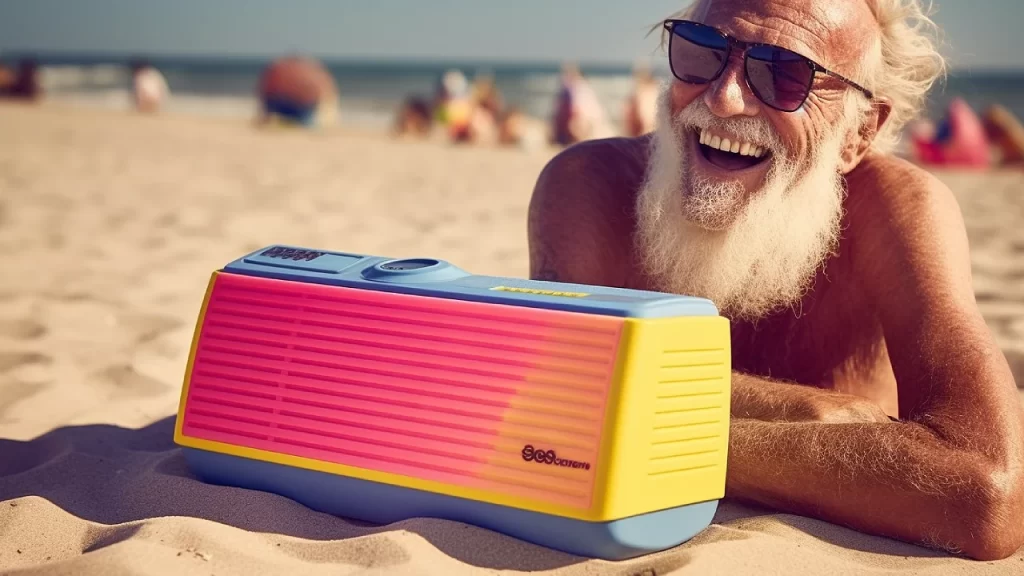 Happy man lying on the sand with colourful solar Bluetooth speakers