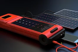 A red solar power bank with solar panels charging a phone