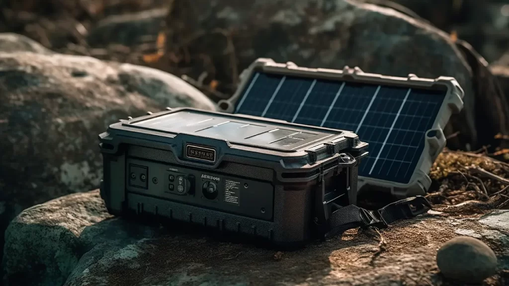Solar battery charger on rocks