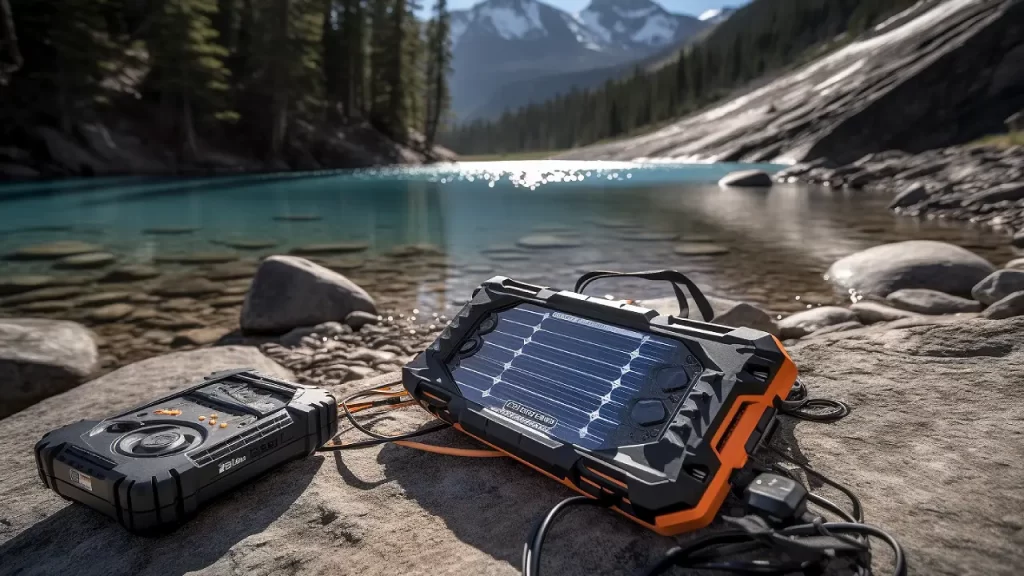 Orange solar charger lying on a rock next to a river bed