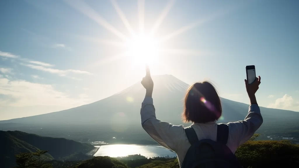 Woman in front of Mount Fuji with a phone in her hand make the peace sign
