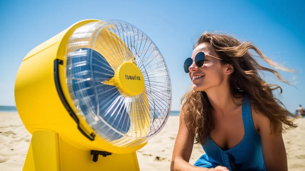 Woman at the beach with a yellow solar-powered fan