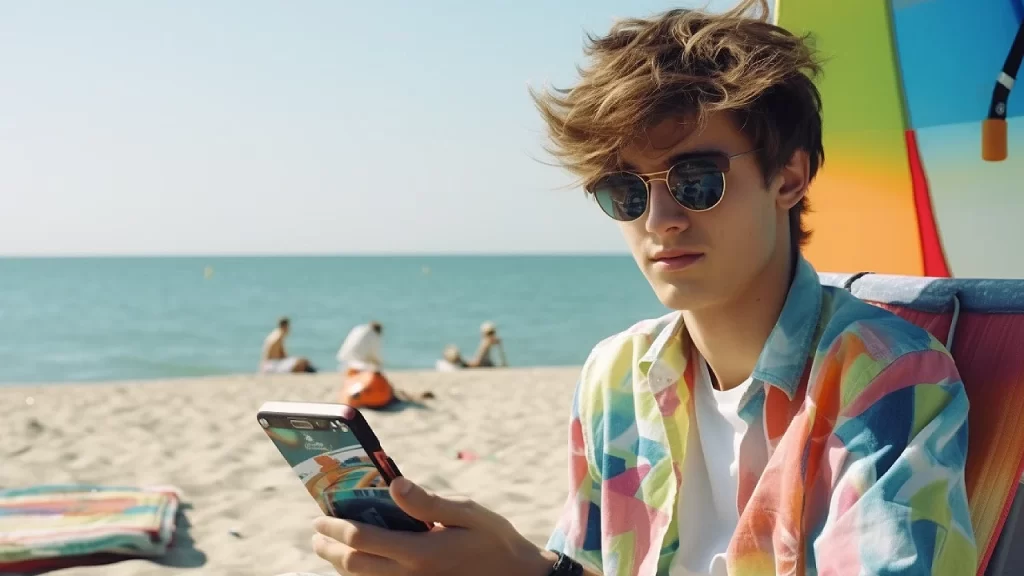 Young man on the beach with his mobile phone