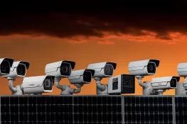 Different Solar Cameras standing on solar panels with an orange sunset