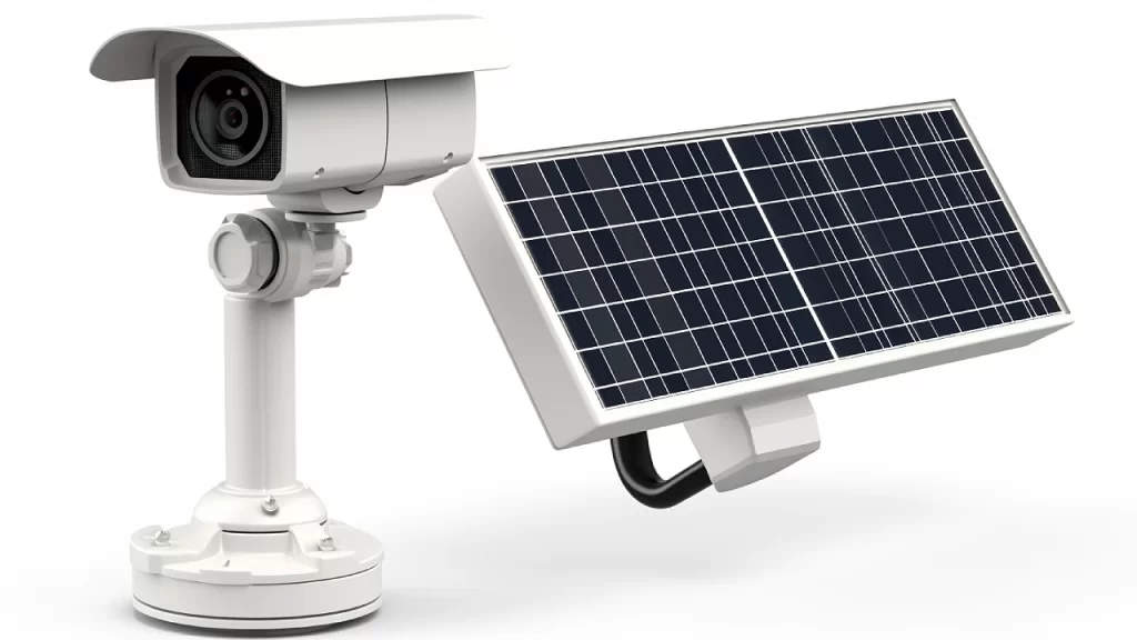A white solar security camera powered by a solar panel