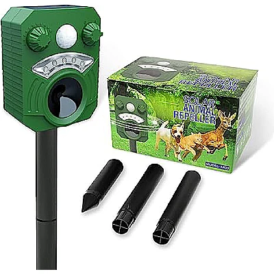 Solar Ultrasonic Animal Repeller Outdoor, Cat Repellent Outdoor Animal Deterrent for Yard with Motion Sensor & Flashing Light, Repels Cat, Dog, Squirrel, Raccoon, Skunk, Rabbit, Rodent, Fox, Deer