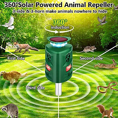 Solar Animal Repeller Outdoor, 360°Ultrasonic Animal Repeller, Cat Repellent Outdoor, Skunk Repellent, Motion Sensor & Flashing Light, Repel,Deer, Raccoon, Rabbit, Squirrels.Coyote Deterrent