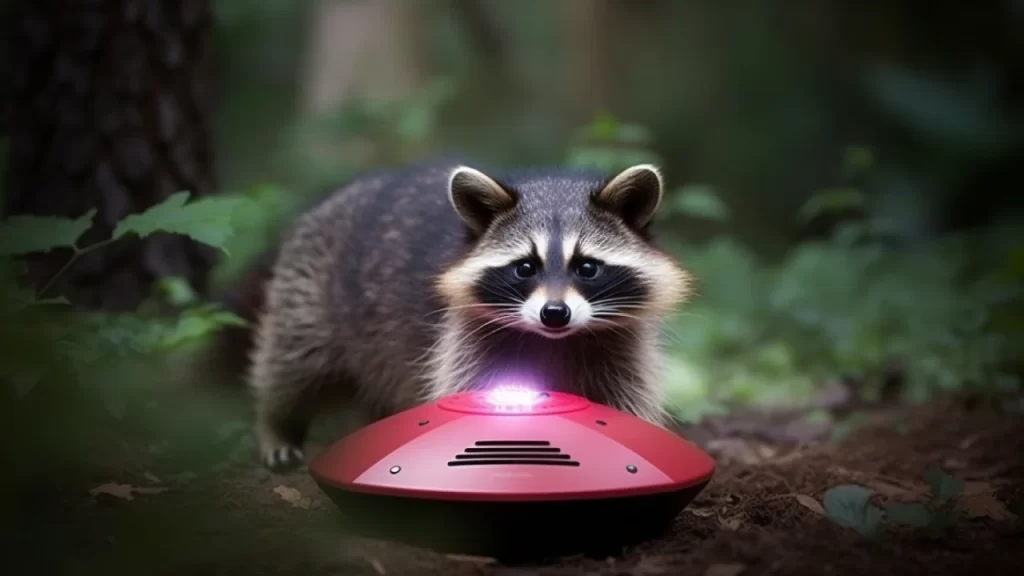 Racoon looking at a pink solar-powered animal repeller