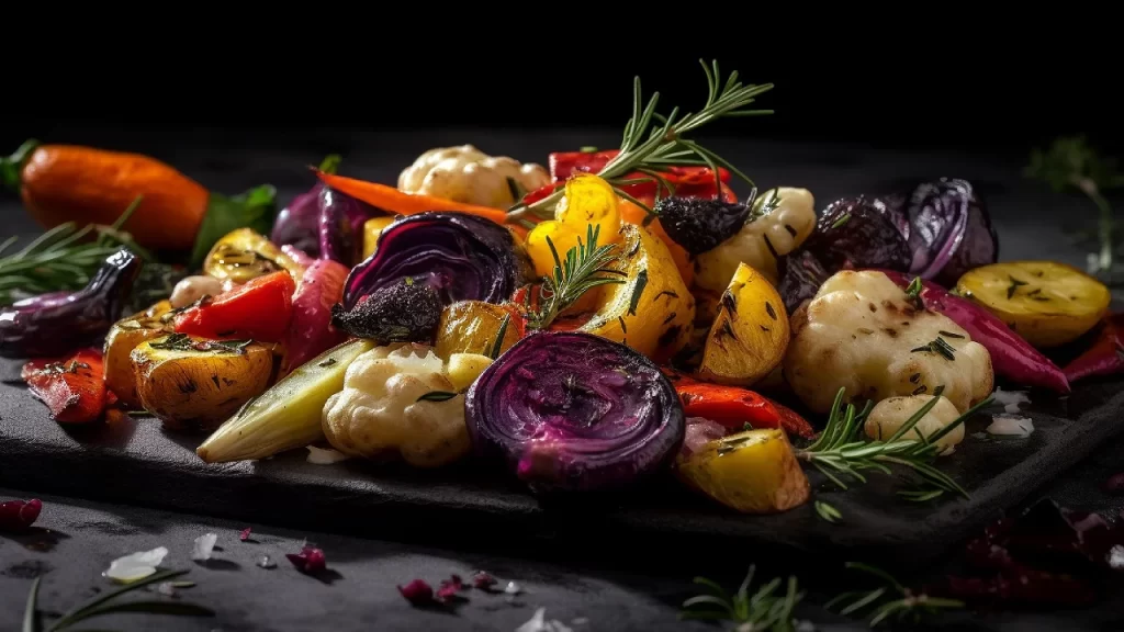 A plate of vegetables prepared on a black background