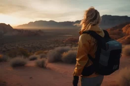 Woman with solar backback outdoors in the desert